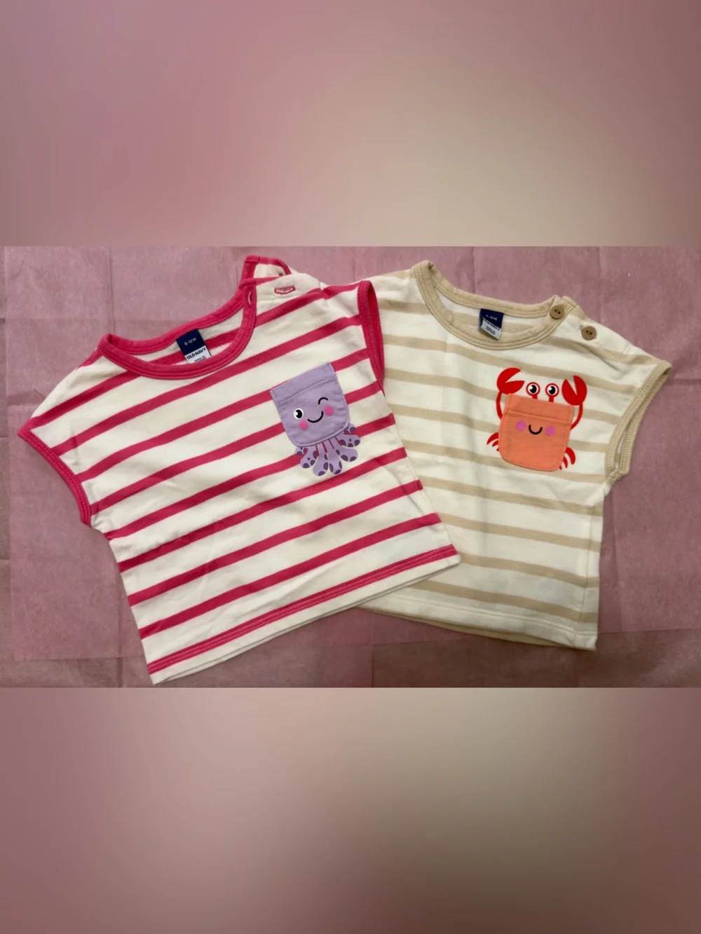 Old Navy Pink & Cream Striped Kids Pajama Tank Tops with Sea Creature Pockets
